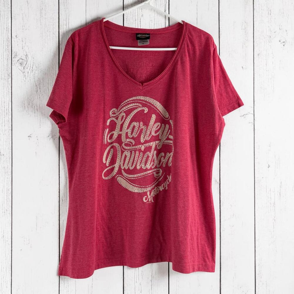 Harley Davidson Graphic Tee 2XL Red Rhinestone Logo Biker Y2K Streetwear